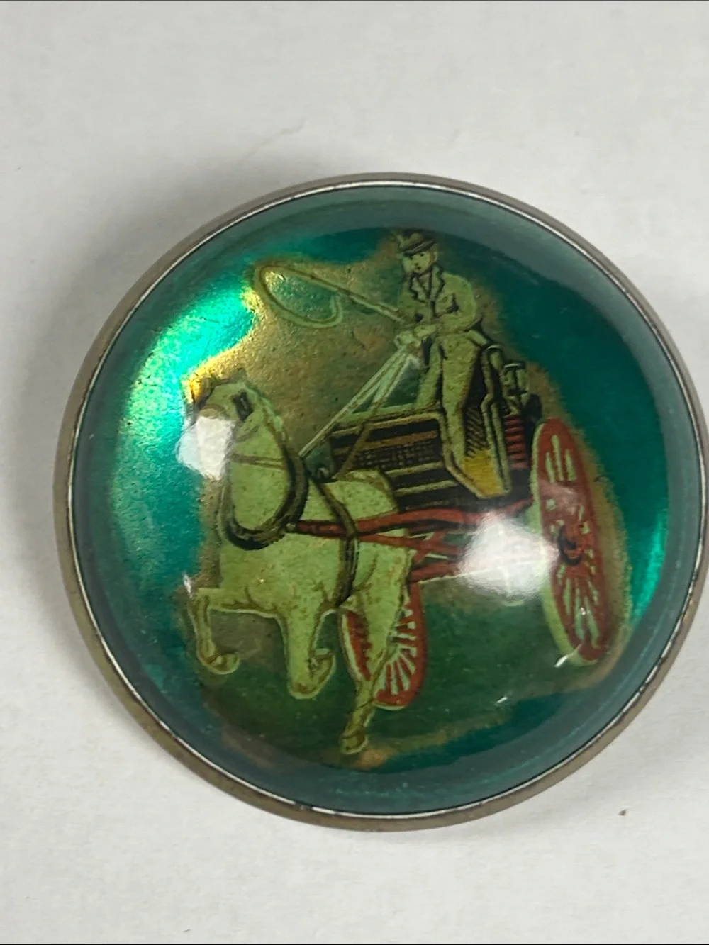 Vintage Green Horse & Carriage Glass Bridle Brooch